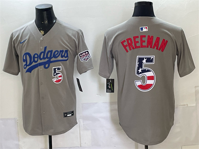 Men's Los Angeles Dodgers #5 Freddie Freeman Grey 250 Fourth of July Road Stitched Baseball Jersey Men's Los Angeles Dodgers #5 Freddie Freeman Grey 250 Fourth of July Road Stitched Baseball Jersey